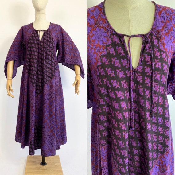 Vintage 70s handblock printed purple maxi indian k