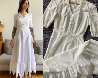 Vintage 1970s does 40s white cotton and lace maxi dress // Size XS-S