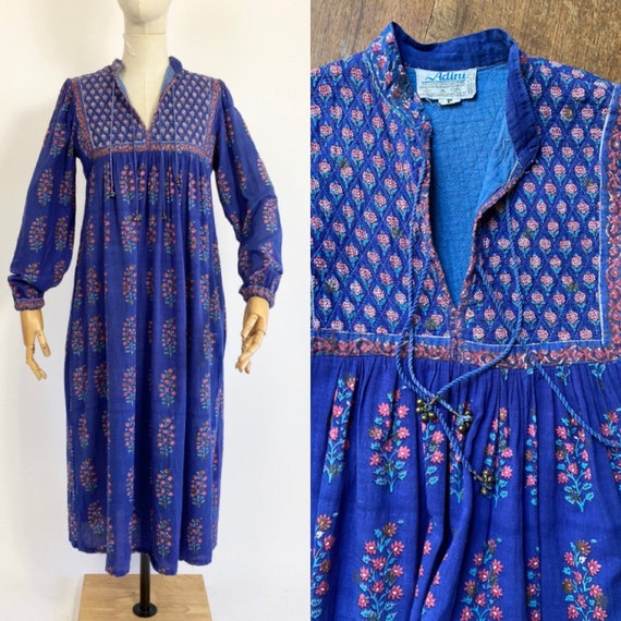 Vintage 70s ADINI cotton maxi dress // Handblock p