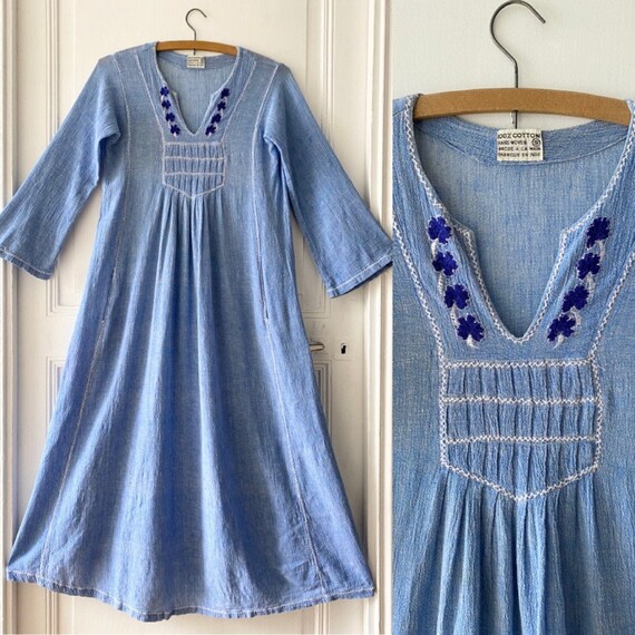 Vintage 70s indian cheesecloth cotton blue dress /