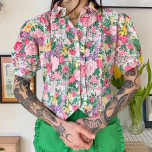 Vintage 80s floral balloon sleeves shirt // Size L image 4