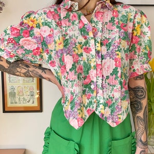 Vintage 80s floral balloon sleeves shirt // Size L image 1