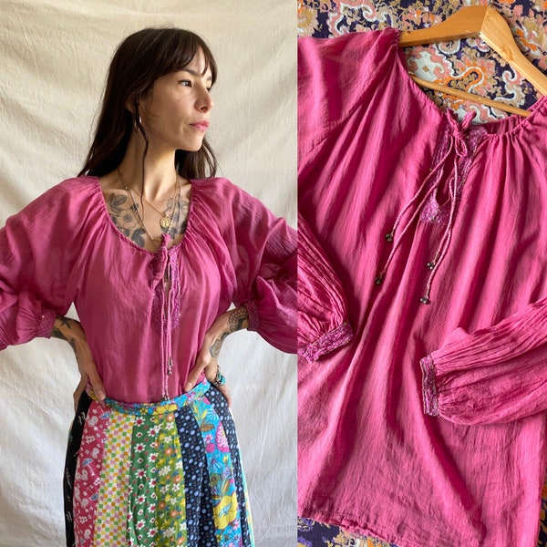 Vintage Indian gauze raspberry pink blouse // Size L-XL