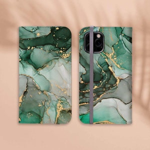 Capa carteira tipo fólio para iPhone, 14 13 15 11 SE XR 7 8, capa para cartão de crédito Galaxy S23 S22 S21 S20 S10 S9 capa marmorizada com tinta