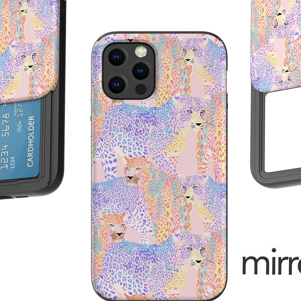 Pastell Leopard Kreditkartenhalter iPhone 11 12 SE Hülle, Spiegel iPhone 11 Hülle, iPhone 12 Pro Hülle, Galaxy S21 bunt Karte, Geldhalter