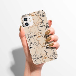 Aesthetic cute phone case for iPhone 15 14 13 ang Galaxy S24 S23 S22 Line art faces