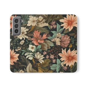 Funda para teléfono con tarjetero, billetera de cuero vegano con diseño floral, funda abatible para usuarios de iPhone y Galaxy