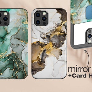 Kartenhalter / Handytasche, Smaragd, Gold, mit Spiegel Für iPhone und Galaxy 11 12 Mini Pro Max S20 Note 20 Ultra Plus