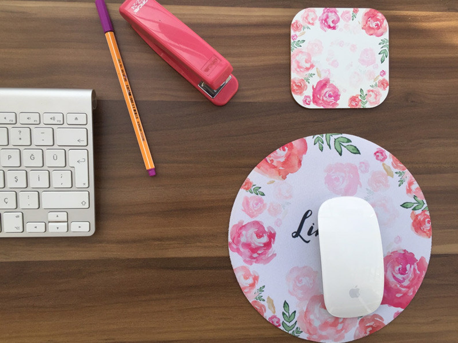 Personalized Mouse Pad Drink Coaster Watercolor Mouse Mat Etsy