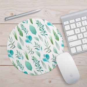 Leaf mouse pad, Mousepad, gift for her him Mousemat circle rectangular birthday gift under 20 green white art watercolor flowers infigohome