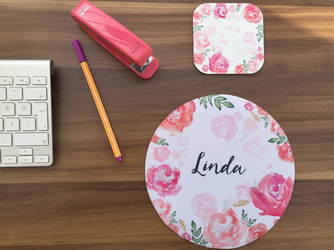 Personalized Mouse Pad Drink Coaster Watercolor Mouse Mat Etsy