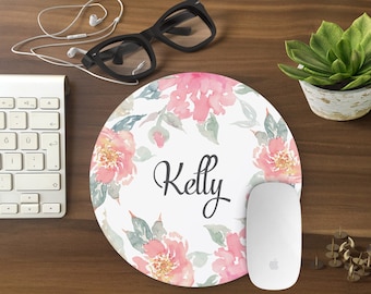 personalized mouse pad, Mousepad Floral Watercolor Mouse Mat Wreath Mouse Pad Office Mousemat Rectangular Personalized Mousepad Round T80994