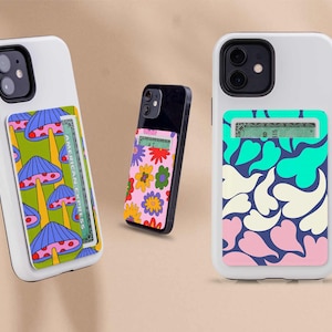 Billetera adhesiva para teléfono, de cuero y papel biodegradable, tarjetero para teléfono, tarjetero de doble bolsillo para todos los teléfonos y fundas, estilo retro de los años 70.