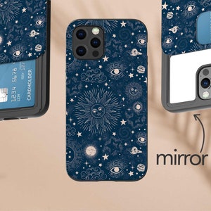 Spiegel Handyhülle mit Kartenhalter für iPhone und Galaxy 11 12 Pro Max S20 Note 20 Ultra Plus, himmlisch, stellar, Mond, Sterne