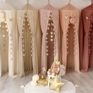 Kid Bed Canopy, Beige Tulle Curtains for Kids Bed Nursery Decor