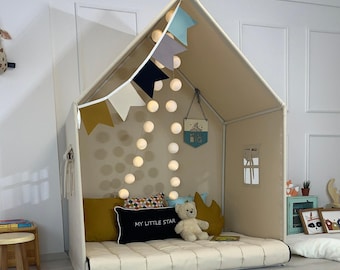 Montessori House Bed, Natural Canvas Teepee, Playhouse Tent, Cotton Play House, Montessori Bed, Teepee for Boys, Small Play Cottage, Teepee
