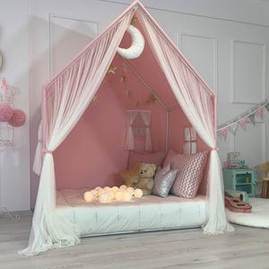 Pink Princess Play Tent Indoor Fabric Castle House for Girls Kids Pretend Playhouse with Curtains Nursery Decor Imaginative Gift
