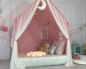 Pink Princess Play Tent Indoor Fabric Castle House for Girls Kids Pretend Playhouse with Curtains Nursery Decor Imaginative Gift