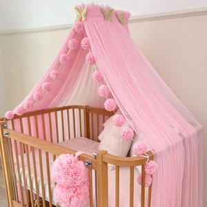 Pink Baby Crib Canopy for Girls Soft Tulle Nursery Tent with Pom Pom Garland & Optional Stars Elegant Princess Bed Decor Gift for Baby Girl