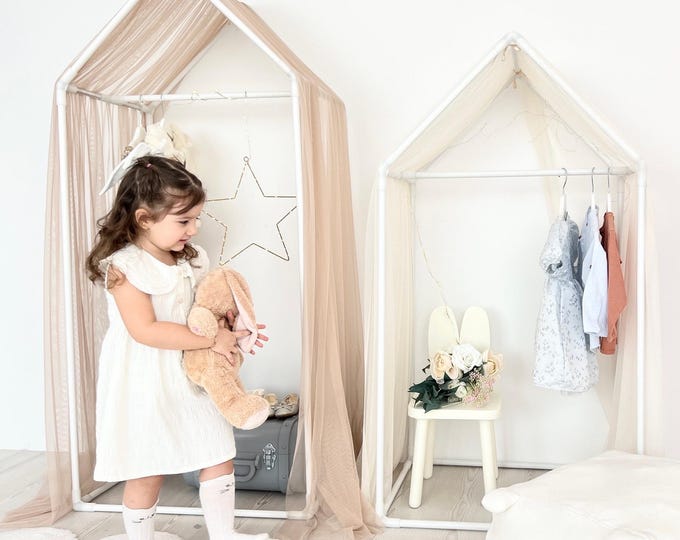 Kids Montessori Wardrobe Rack, Canopy Dress Up Clothing Organizer, Playroom Decor