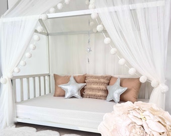 White Bed Canopy, Bed Canopy for Girls, Montessori Bed Curtains, Crib Netting,  Mosquito Net for Bed Nursery, White Bed Curtains