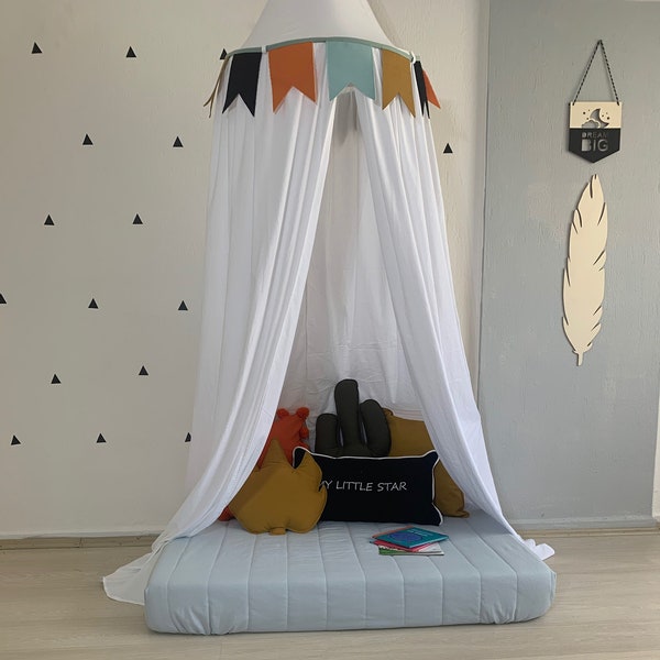 White Cotton Canopy Banner, White Nursery Baldachin, Christmas gift,  Play Tent, Canopy Bed Curtains, White Canopy Bed, Canopy fo boys