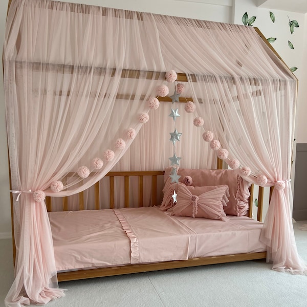 Dosel de tul rosa bebé, dosel de cama Montessori personalizado, cortinas de cama Montessori, cortinas de cama de casa, dosel de cuna para marco de cama