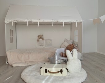 Full Size Playhouse Bed, White Full Size  Canopy,  Canopy Tent, Canvas Playhouse Bed, Full Size Bed Canopy, Montessori House Bed,