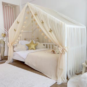 Montessori Bed Canopy Cream Custom House Bed Curtains for kids Rooms Decors, Crib Canopy Gift for Girl Princess Room, DELUXE Tulle Canopy