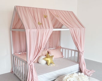 Rideaux de lit en mousseline rose, baldaquin en coton, baldaquin de lit Montessori personnalisé, rideaux de lit maison, baldaquin rose pour lit de bébé, lit de princesse