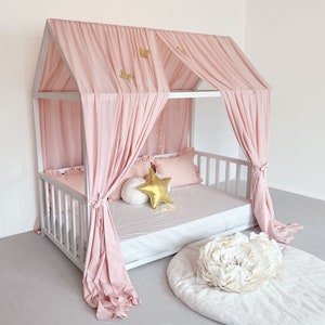 Muslin Pink Bed Curtains, Cotton Canopy, Customized Montessori Bed Canopy, House Bed Curtains, Pink Crib Canopy, Princess bed