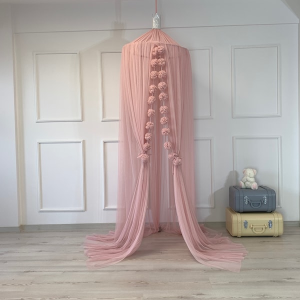 Dusty Pink Canopy, Bed Baldachin Tent, Tulle Princess Tent, Nursery  Crib Canopy, Tulle Pompoms, Kids Canopy, Dusty Pink Canopy, Canopy Bed