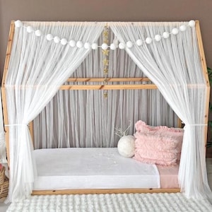 Montessori Bed Canopy Curtains – Custom Tulle Canopy for House Frame Bed, Toddler Girl Bed Decor, White Sheer Curtain with Ties