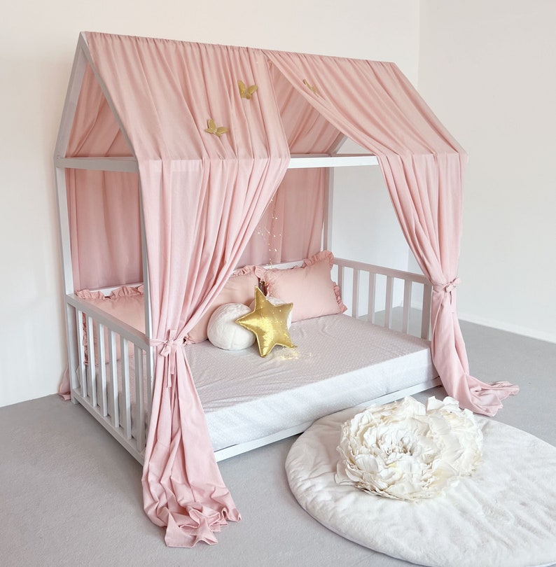 montessori bed curtains, pink house bed canopy, canopy bed, bed curtains