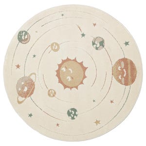 Rond kindertapijt met planeten 120 cm, modern Galaxy-speelkamertapijt, stofvrij antislip kinderkamermat, beige ruimtethema babydecor