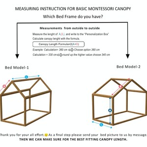 May include: An instructional diagram for a Montessori canopy, featuring two wooden house-shaped bed frames labeled Bed Model-1 and Bed Model-2. It includes a Canopy Length Formula 2(A+B), measurement instructions for A, B, and L, and text.