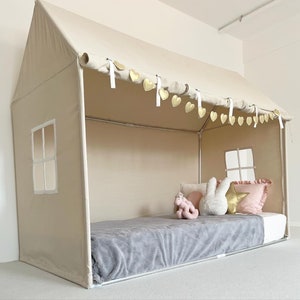 Twin Size Canopy Bed, Beige Canvas Canopy Bed, Canopy Tent, Playhouse Bed, Bed Canopy, Montessori House Bed, House Bed Canopy with frame