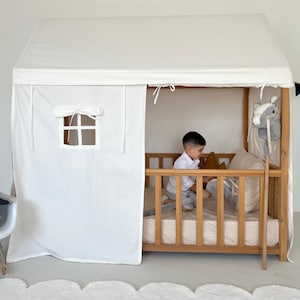 Custom Montessori Bed Canopy Tent, Canvas Tent Cover for House Frame, Cotton House Bed Tent with Curtains & Windows, Made to Order Gift
