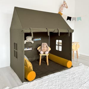 Kids Play Tent House with Windows, Indoor Canvas Playhouse Tent, Gift idea for boys, Army Green Tent, Reading Nook Teepee, Tent for Children