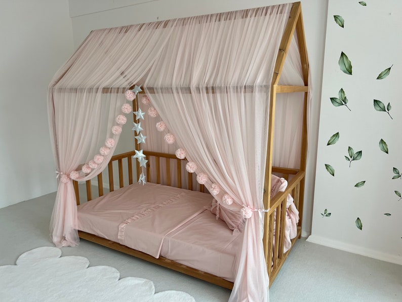 Dosel de tul rosa bebé, dosel de cama Montessori personalizado, cortinas de cama Montessori, cortinas de cama de casa, dosel de cuna para marco de cama imagen 2