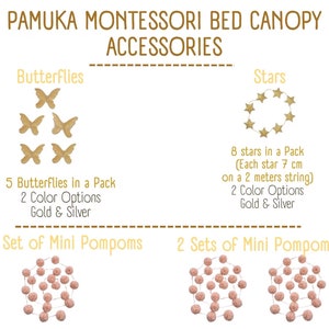 May include: A set of gold or silver butterfly decorations, a set of gold or silver stars, and two sets of pink pom poms. The butterflies and stars are for a bed canopy. The pom poms are for a nursery or bedroom.