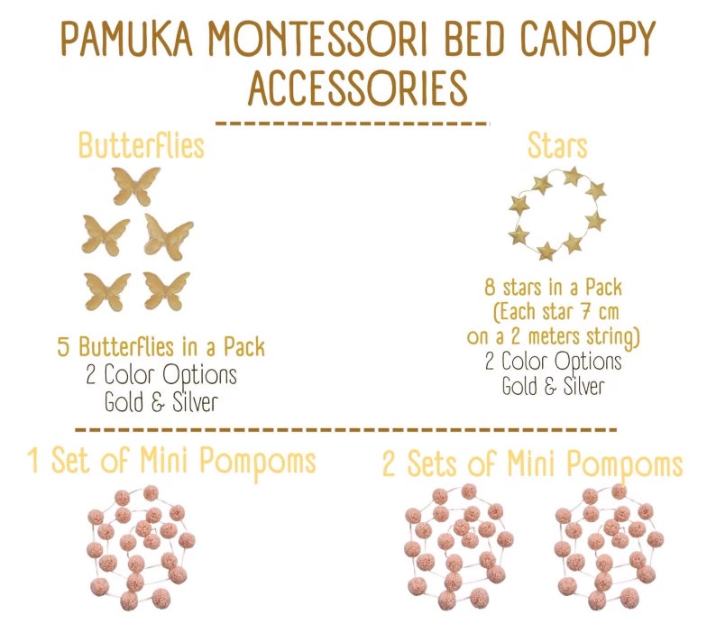 May include: A set of gold or silver butterfly decorations, a set of gold or silver stars, and two sets of pink pom poms. The butterflies and stars are for a bed canopy. The pom poms are for a nursery or bedroom.