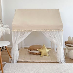 Boho Kids Canopy Tent, Neutral Indoor Playhouse with Sheer Curtains, Montessori Reading Nook, Calm Corner, Cozy Playroom Decor, Indoor Tent