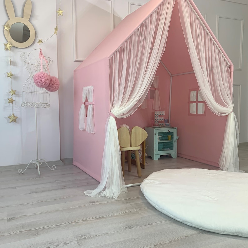 Montessori House Bed, Pink Canvas Teepee, Playhouse Tent, Cotton Play House, Montessori Bed, Teepee for Girls, Small Play Cottage, Teepee image 3