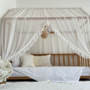 White House Bed Chiffon Canopy, Customized Montessori Bed Canopy, Montessori Bed Curtains, House Bed Curtains with Frill, House Bed Drapes