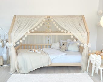 Montessori Bed Cream Tulle Canopy, Custom Size Curtains