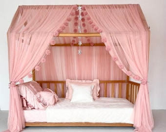 Custom Blush Montessori Bed Canopy,Personalized Tulle Curtains for Crib, House Bed,  Toddler Room, Blush  Bed Canopy, Tulle Canopy tent