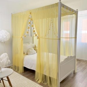 Gelbes Himmelbett, Himmelbett, quadratisches Himmelbett, Montessori-Betthimmel, Himmelbettvorhänge, Doppel-Himmelbett