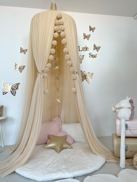 Beige canopy bed deals