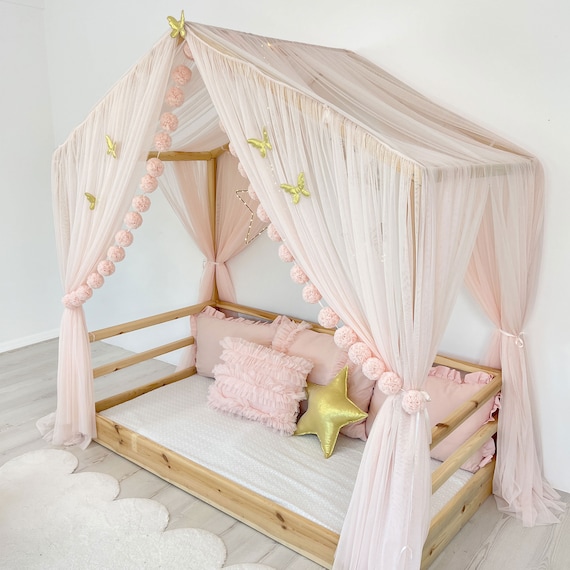 Baby Pink Montessori House Bed Canopy | Custom Tulle Curtains | Girls Bedroom Decor